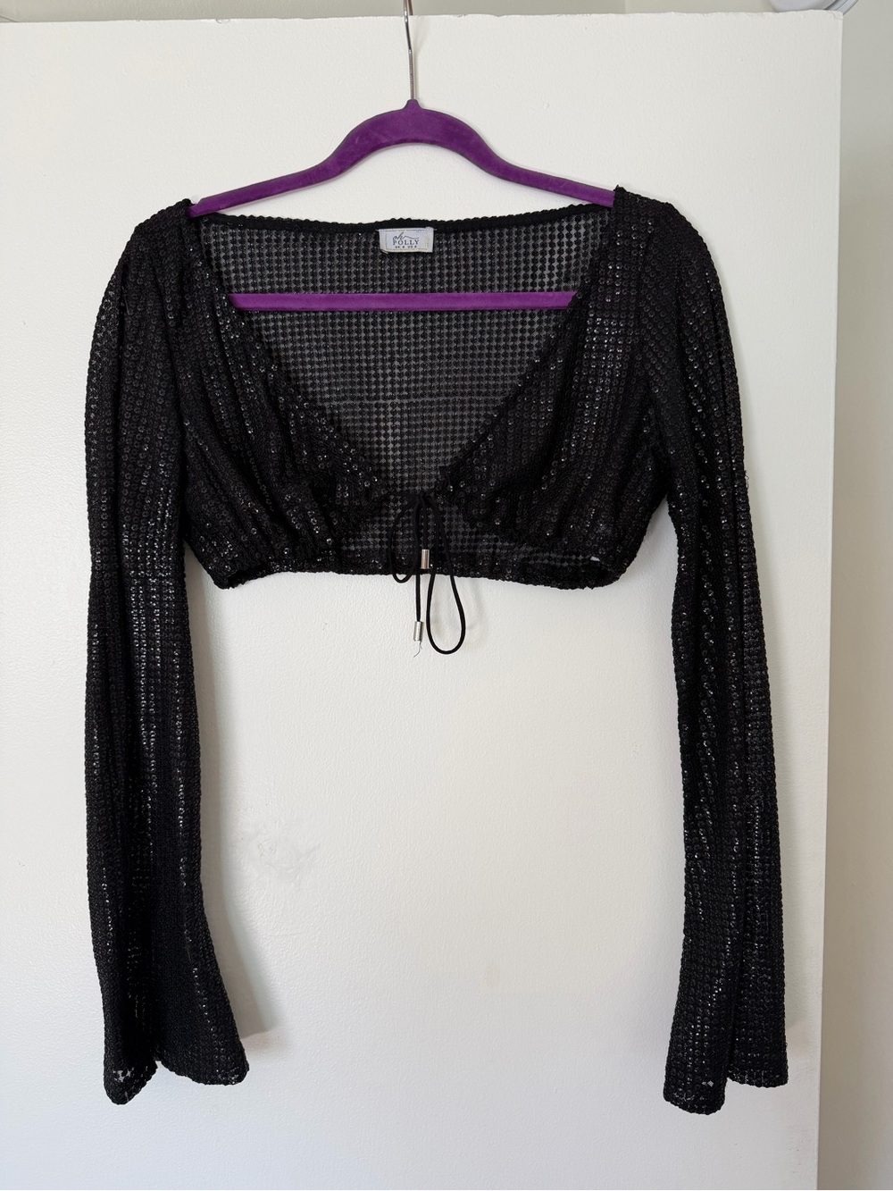 Oh Polly Black Sequin Long Sleeve Cropped Top